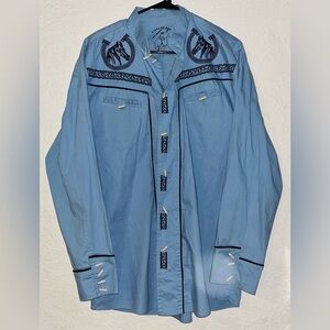 Vintage Rare Linea De Oro Cowboy Western Button Up Shirt Horses Blue Size L EUC